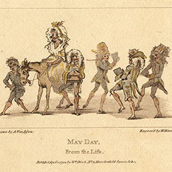 Procession of four men and one woman wearing fanciful clothes and hats. They face different directions. Woman rides donkey.